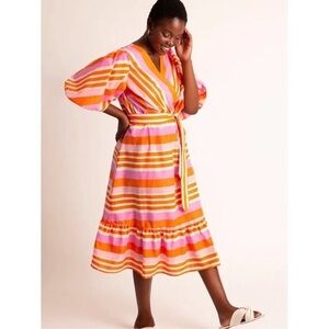 NWT ELOQUII Puff Sleeve Striped Cotton Midi Dress size 14